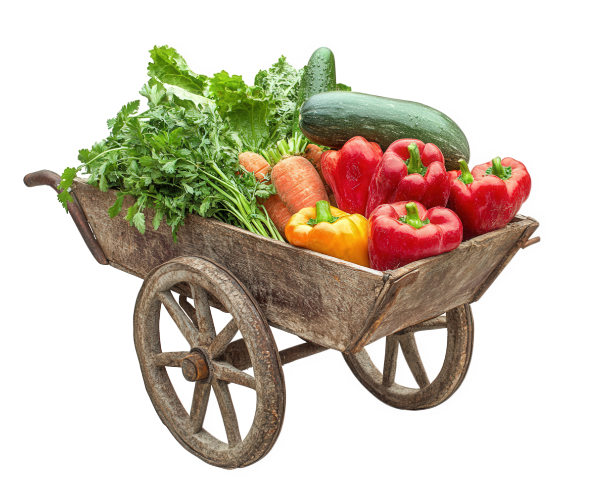 A wooden wheelbarrow filled with vegetables png