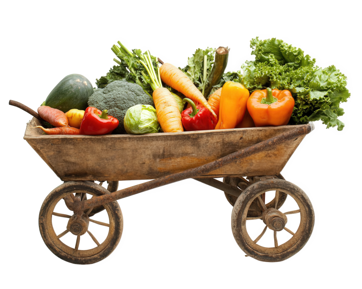 A wooden wagon filled with vegetables png