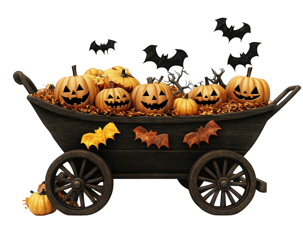 Halloween wagon with pumpkins and bats png