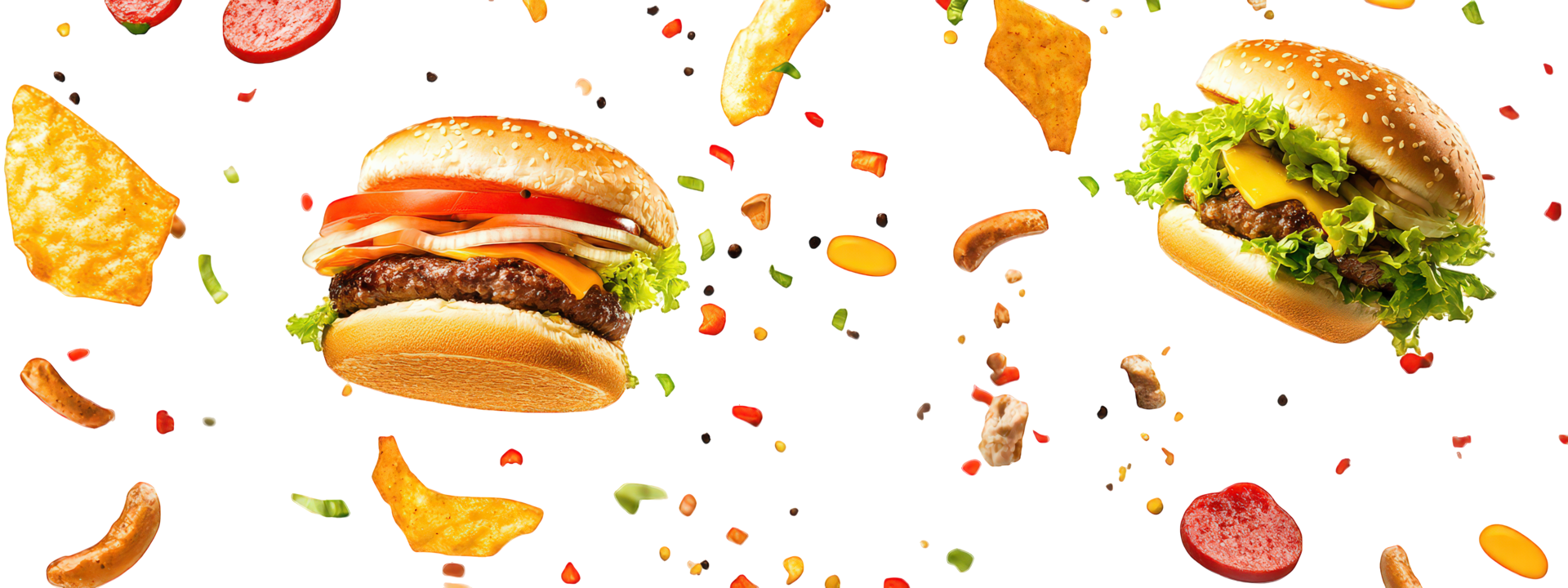 Burger and chips falling into the air png