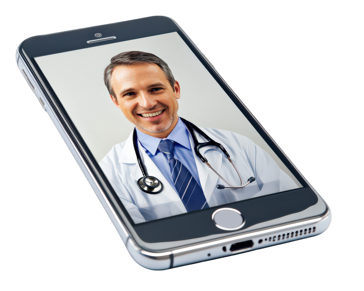 A doctor's face is displayed on a smartphone png
