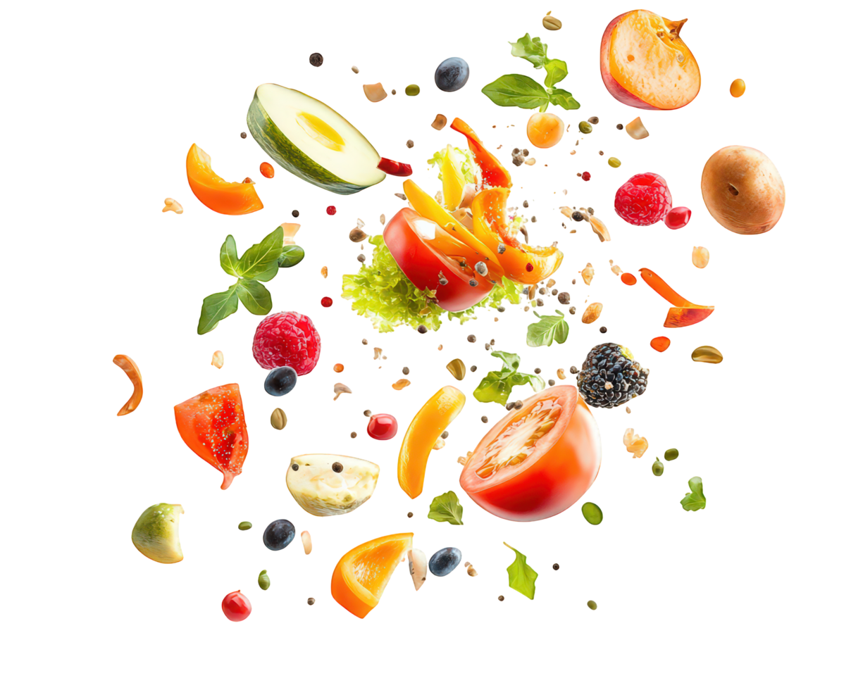Fresh fruits and vegetables falling from the air png