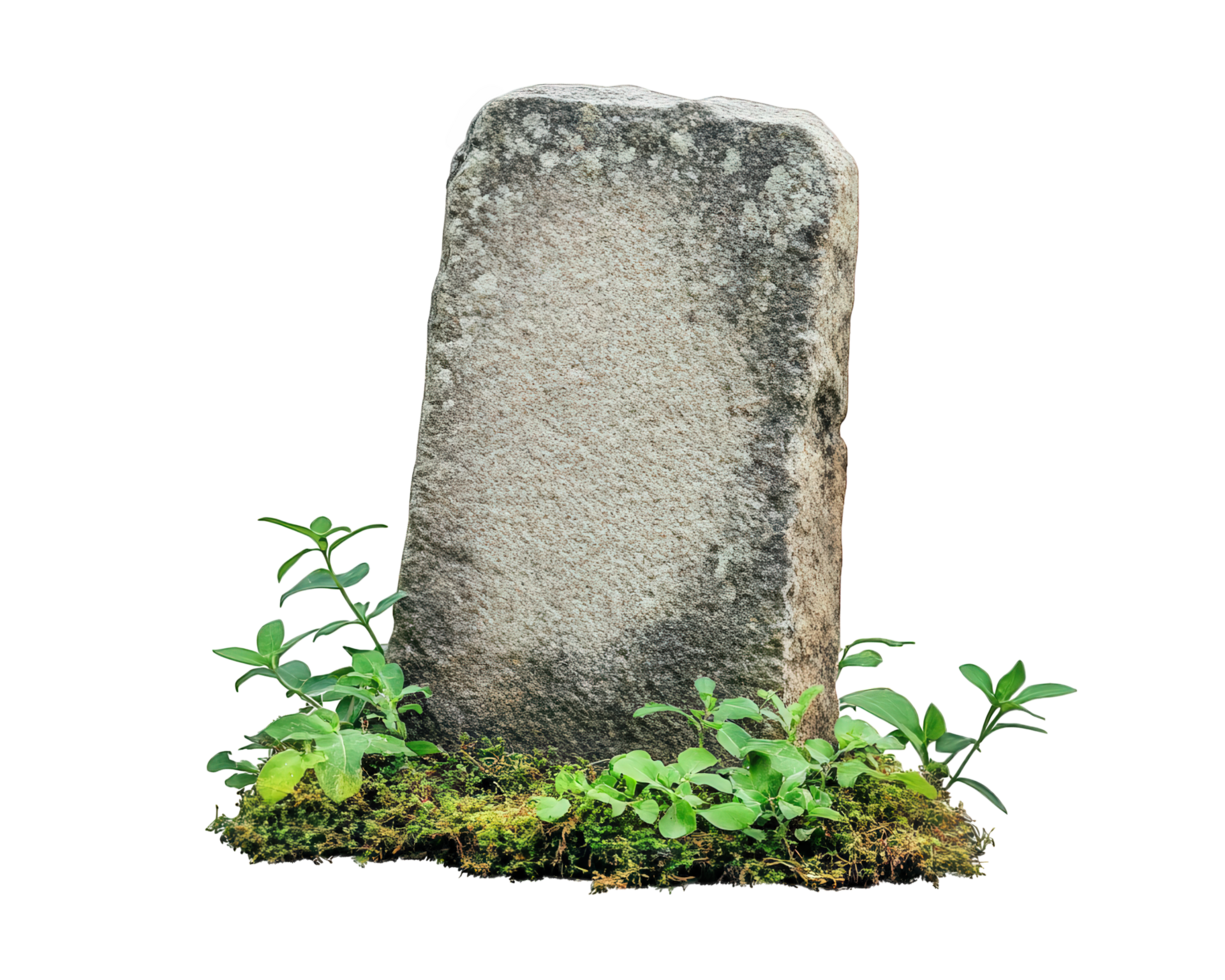 A stone tombstone with moss growing on it png