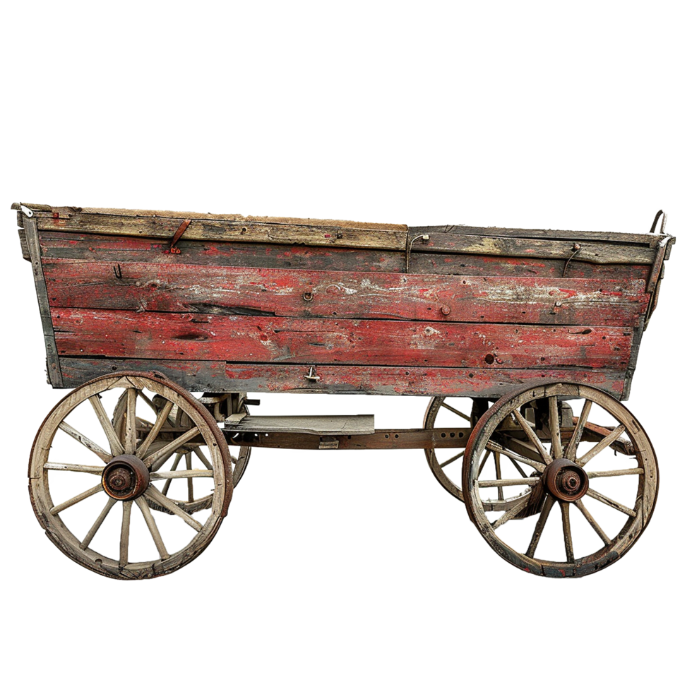Antique Red and Wooden Farm Wagon with Spoked Wheels png