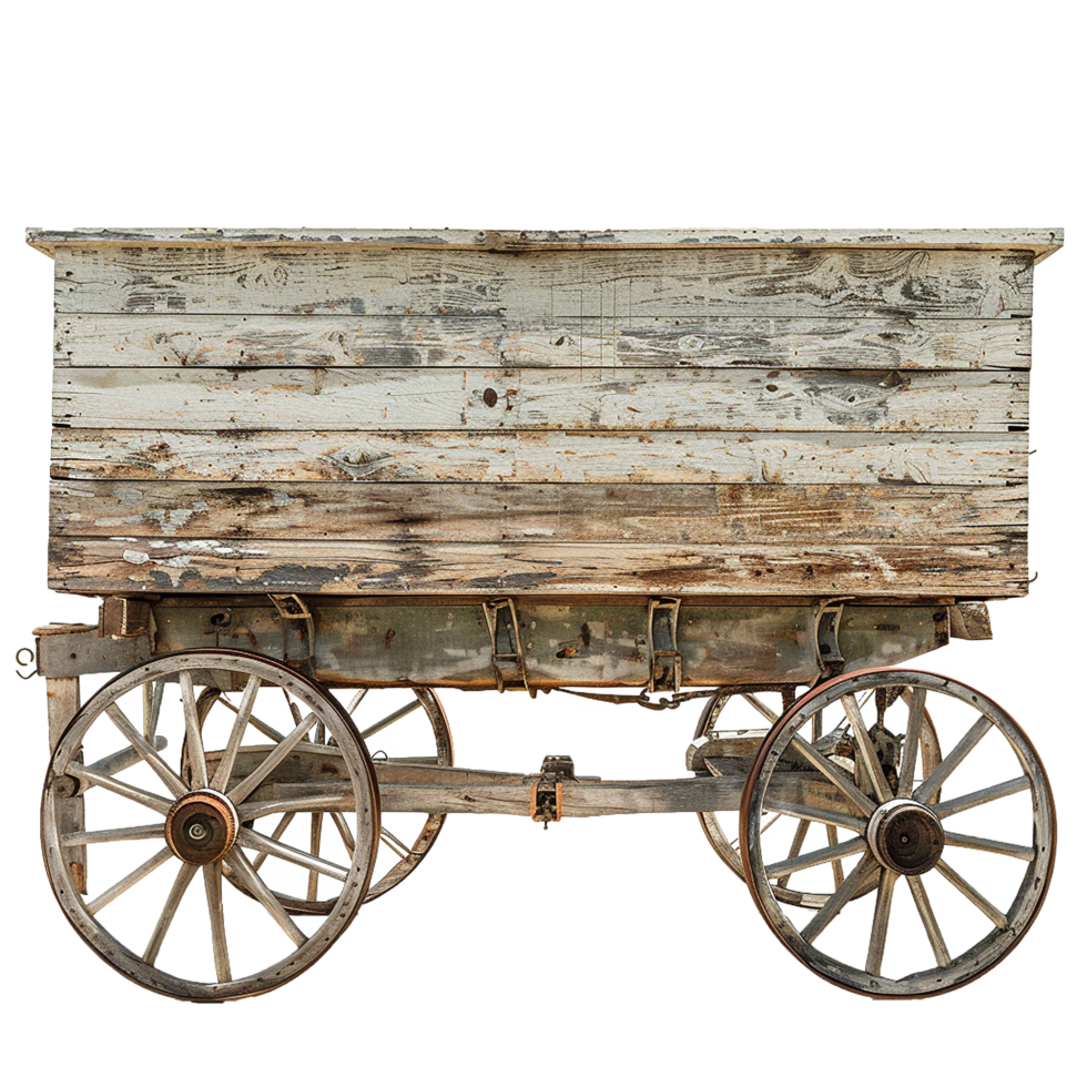 Antique Rustic Wooden Farm Wagon Cart with Spoke Wheels and Weathered Paint png