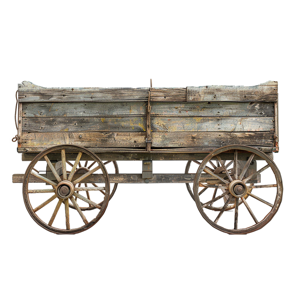 Rustic Old Wooden Farm Wagon with Spoked Wheels on White Background png
