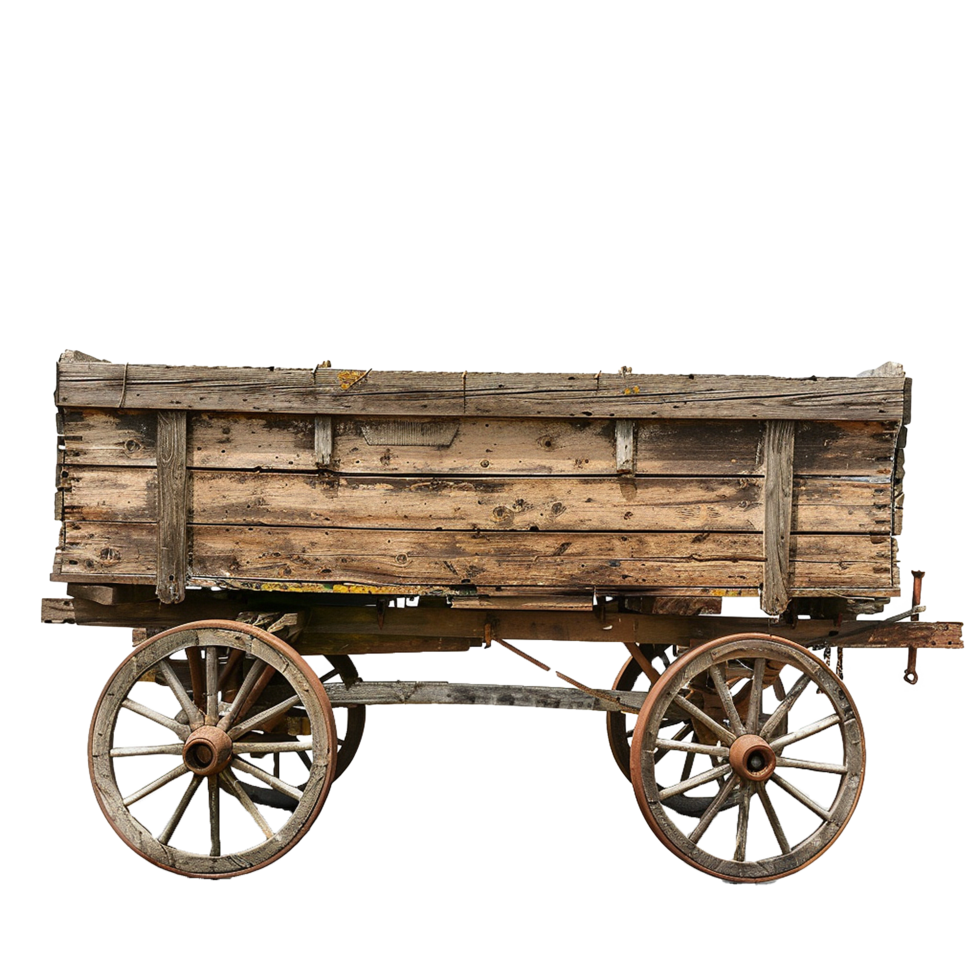 Rustic Old Wooden Farm Wagon Cart with Spoked Wheels on White Background png