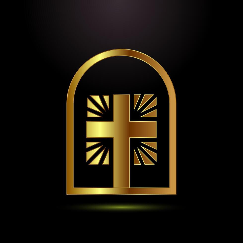 Christian cross icon design, Religion sign. Holy cross logo symbol in gold color style vector