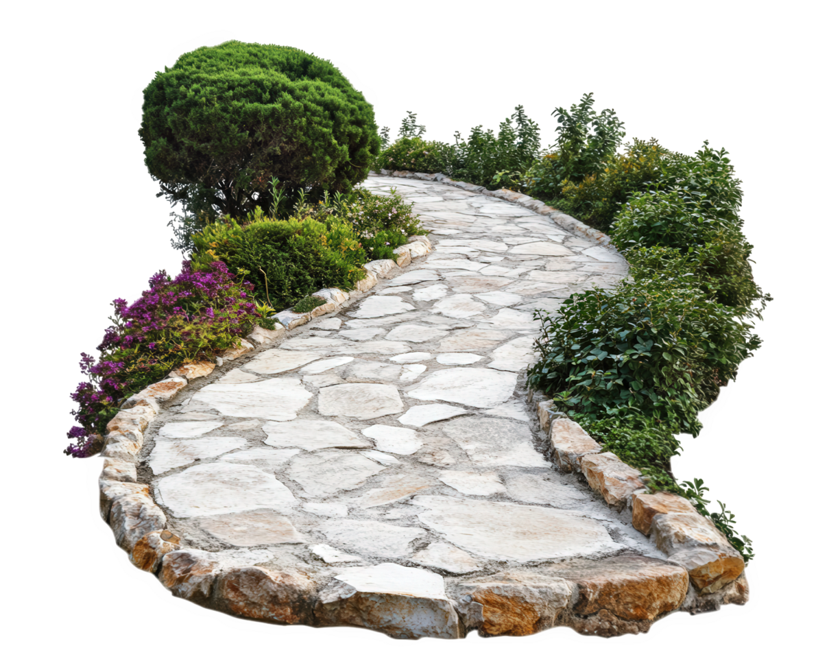 A stone path with flowers and shrubs png