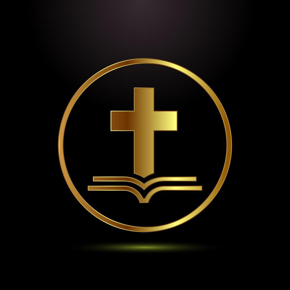 Christian cross icon, Religion sign. Holy cross logo symbol in gold color style vector