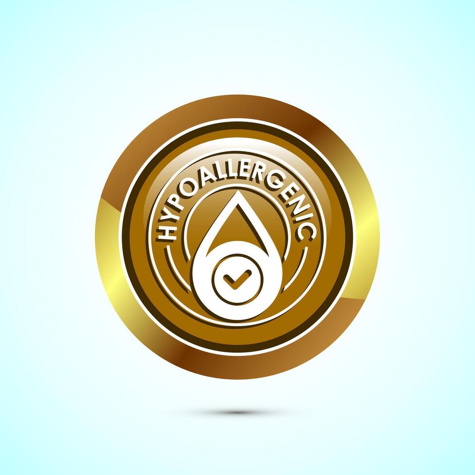 Hypoallergenic tested icon design illustration. Cosmetic certification label, Hypoallergenic icon sign, Gold color round button design vector