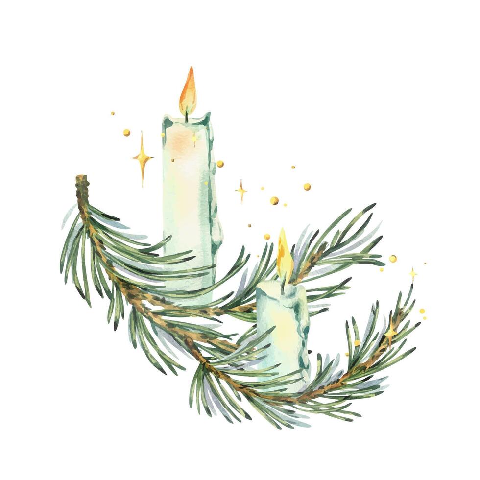 Burning white candles placed on pine branches with twinkling stars and lights. New Year, Christmas watercolor illustration, hand drawn. Composition, arrangement, sublimation isolated from background vector