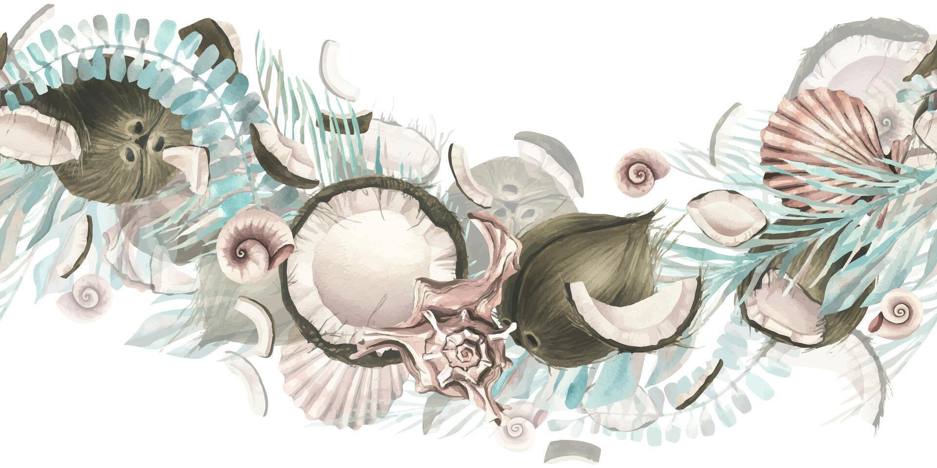 Whole coconuts and slices with tropical palm leaves and seashells. Watercolor illustration. Seamless boarder on a white background from the collection of COCONUTS. For the design and of prints. vector
