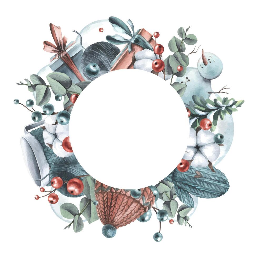 Christmas wreath with New Year s toys, winter knitted clothes, plants, snowman. Watercolor illustration, hand drawn. Template for congratulations and text on a white background. vector
