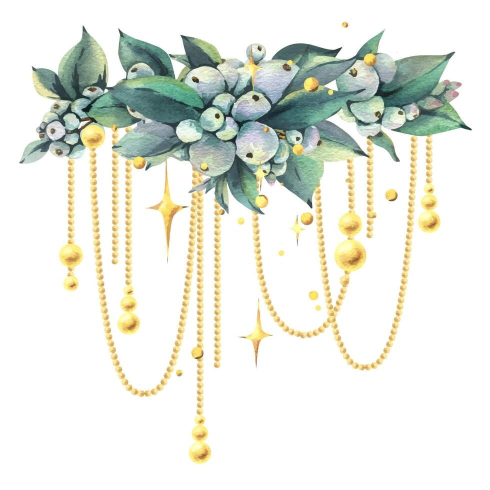 Golden beads hanging on snowberry branches with sparkling stars. New Year, Christmas watercolor illustration hand drawn. Composition, sublimation, arrangement isolated from background vector