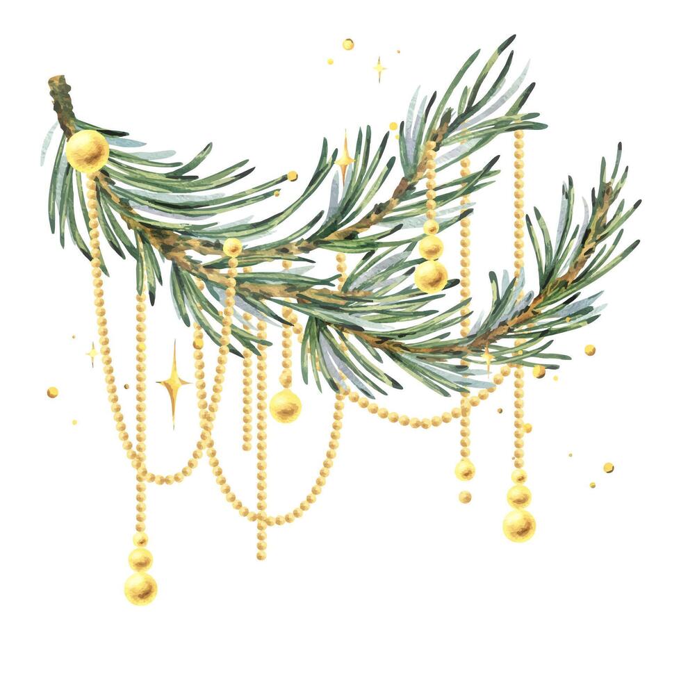 Golden beads hanging on a green pine branch with sparkling stars. New Year, Christmas watercolor illustration hand drawn. Composition, sublimation, arrangement isolated from the background vector