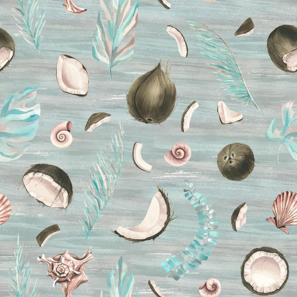 Coconuts, seashells and tropical leaves on a background of wood texture in gray and turquoise colors. Watercolor illustration. Seamless pattern from the collection of COCONUTS. For decoration, design vector