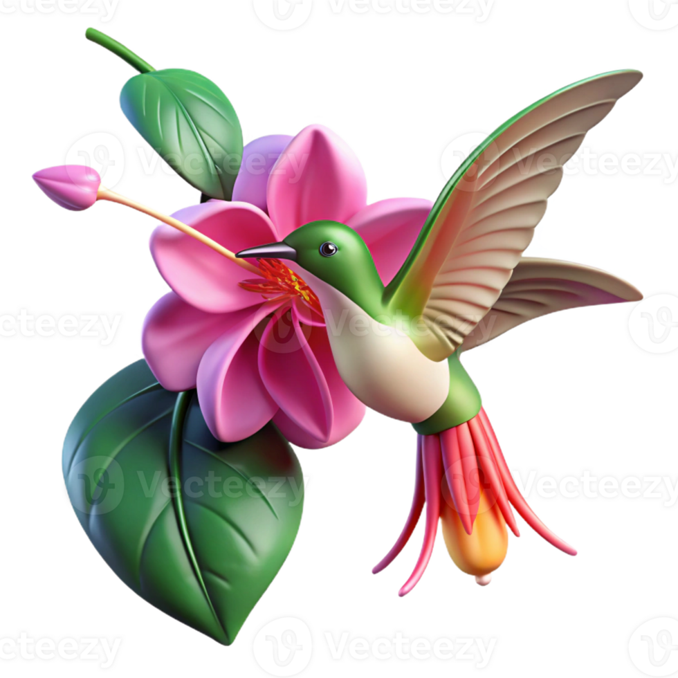 dramatic rustic A delicate hummingbird hovering near a vibrant fuchsia flower, bathed in the soft, diffused light of a cloudy day, in a detailed, botanical illustration style genuine png