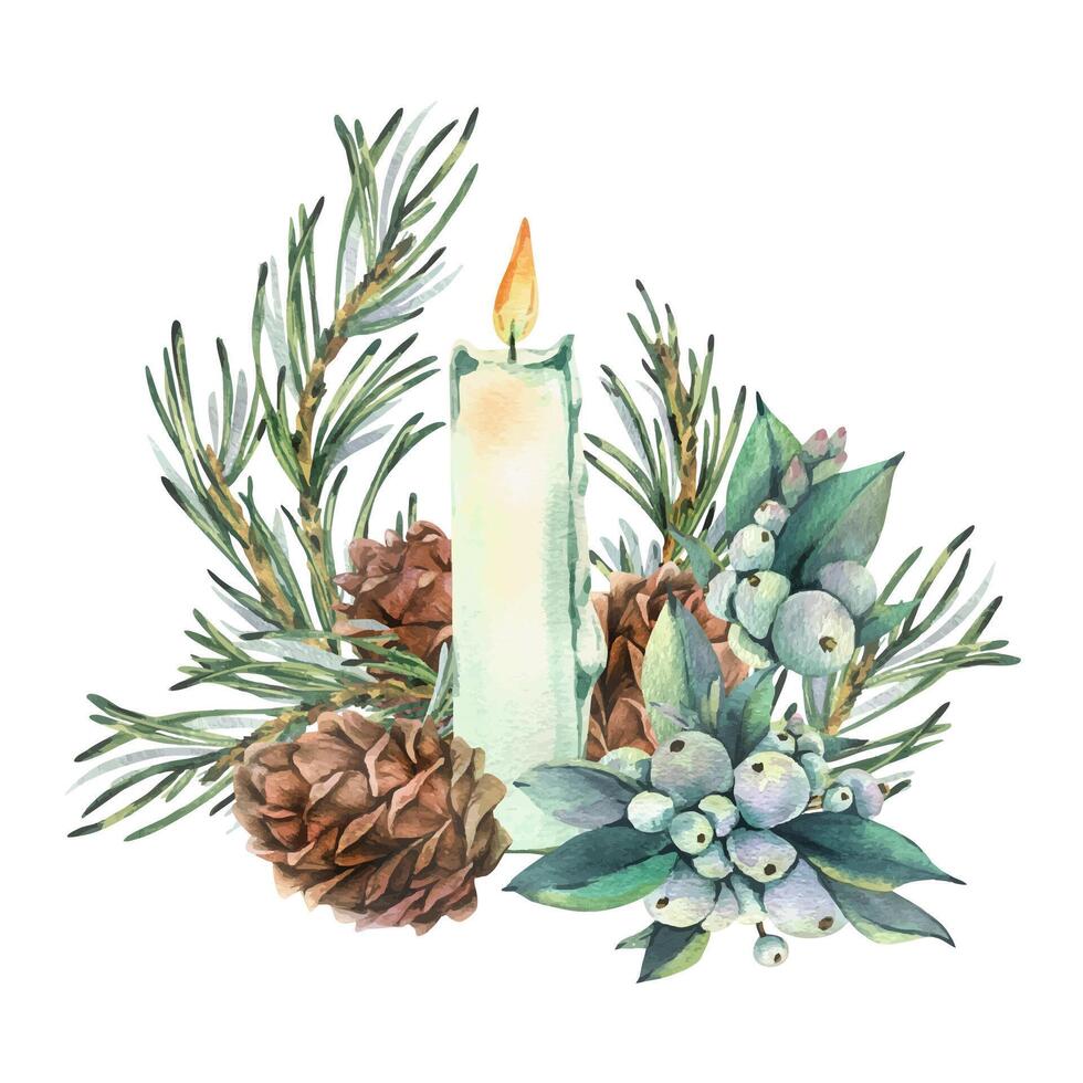 Burning white candle decorated with snowberry, pine branches and cones. New Year, Christmas watercolor illustration, hand drawn. Composition, arrangement, sublimation isolated from background vector