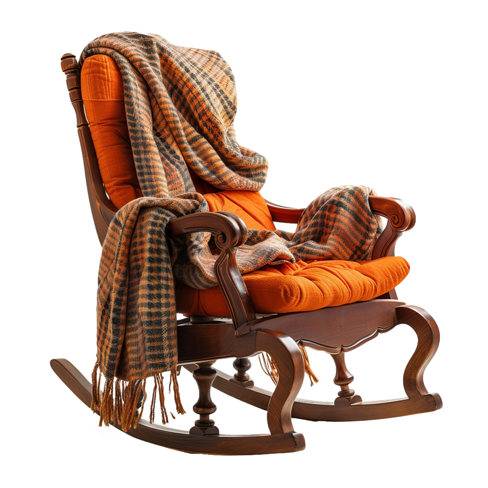 Cozy Orange Rocking Chair with Plaid Throw Blanket for Relaxing Autumn Evenings png