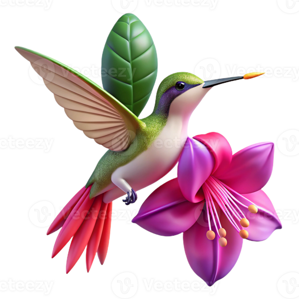 dramatic abstract A delicate hummingbird hovering near a vibrant fuchsia flower, bathed in the soft, diffused light of a cloudy day, in a detailed, botanical illustration style professional png