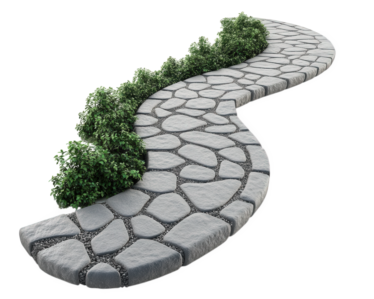 A stone pathway with a path leading to a bush png