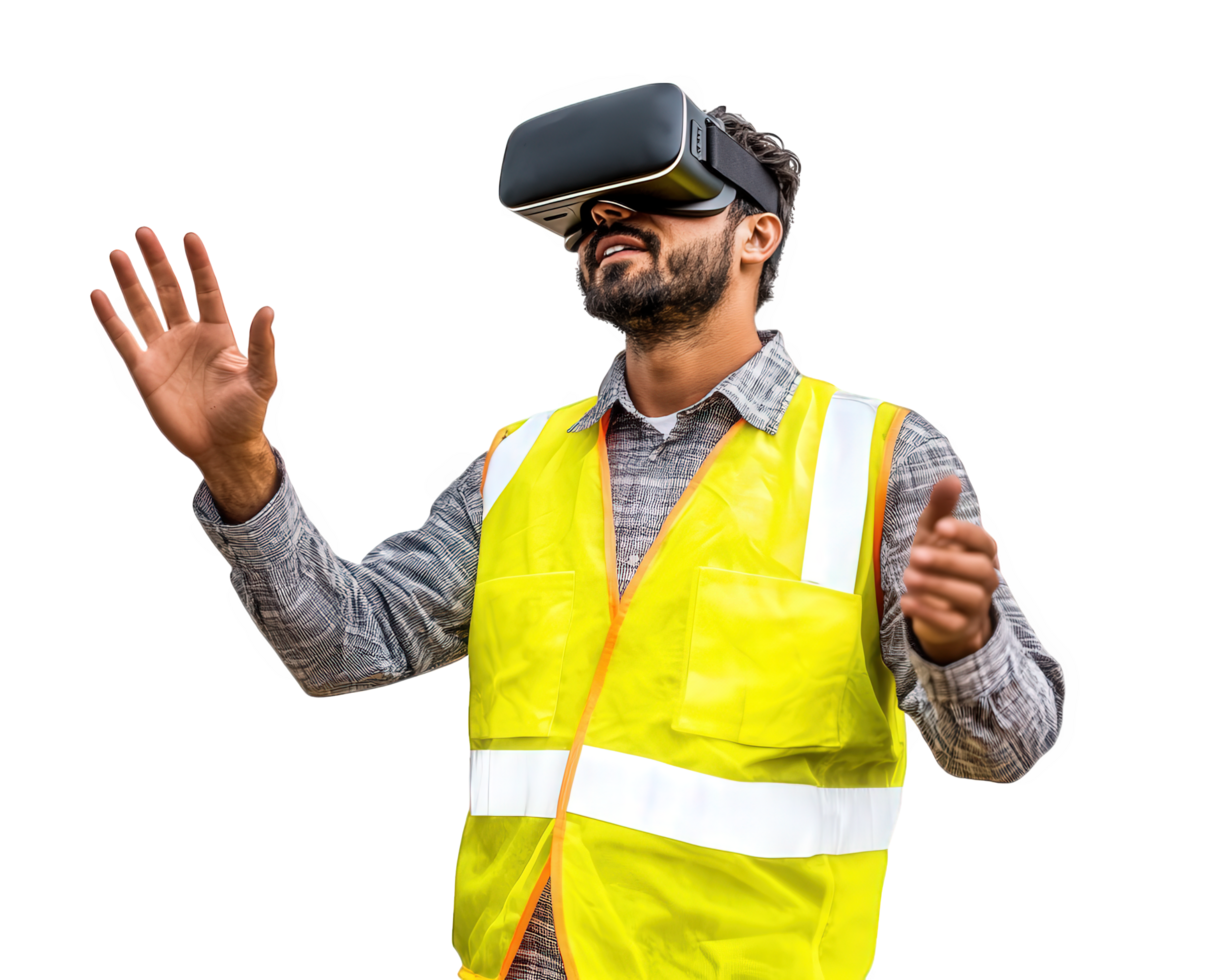 A man wearing a yellow vest and holding a virtual reality headset png
