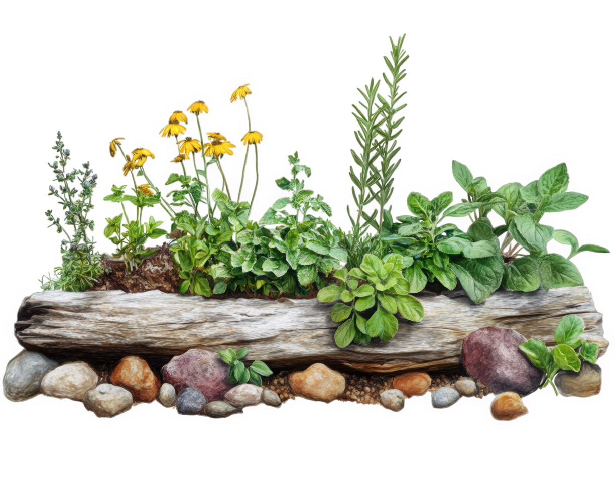 Herbs and plants in a log with rocks png
