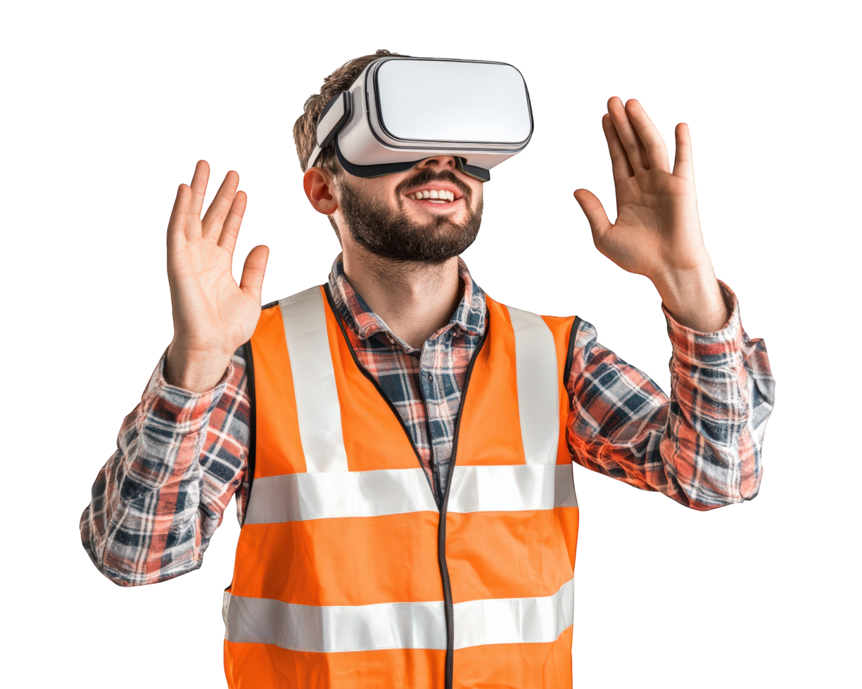 A man in an orange vest and safety vest is wearing a virtual reality headset png