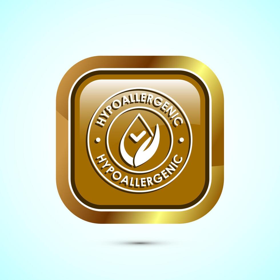 Hypoallergenic tested icon design illustration. Cosmetic certification label, Hypoallergenic icon sign, Gold color square button design vector