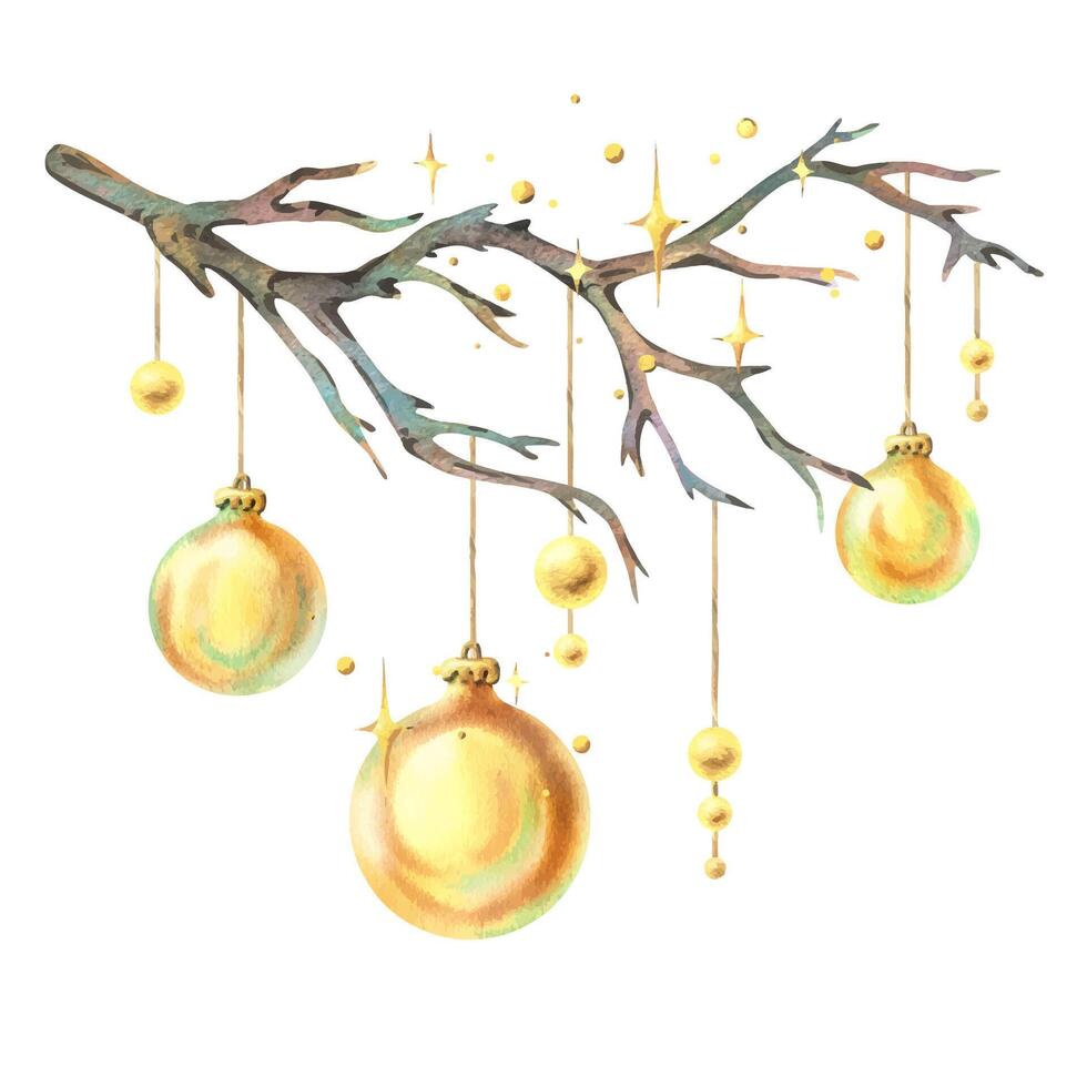 Golden glass Christmas tree balls hanging on a tree branch with twinkling stars. New Year, Christmas watercolor illustration, hand drawn. Composition, arrangement, sublimation isolated vector