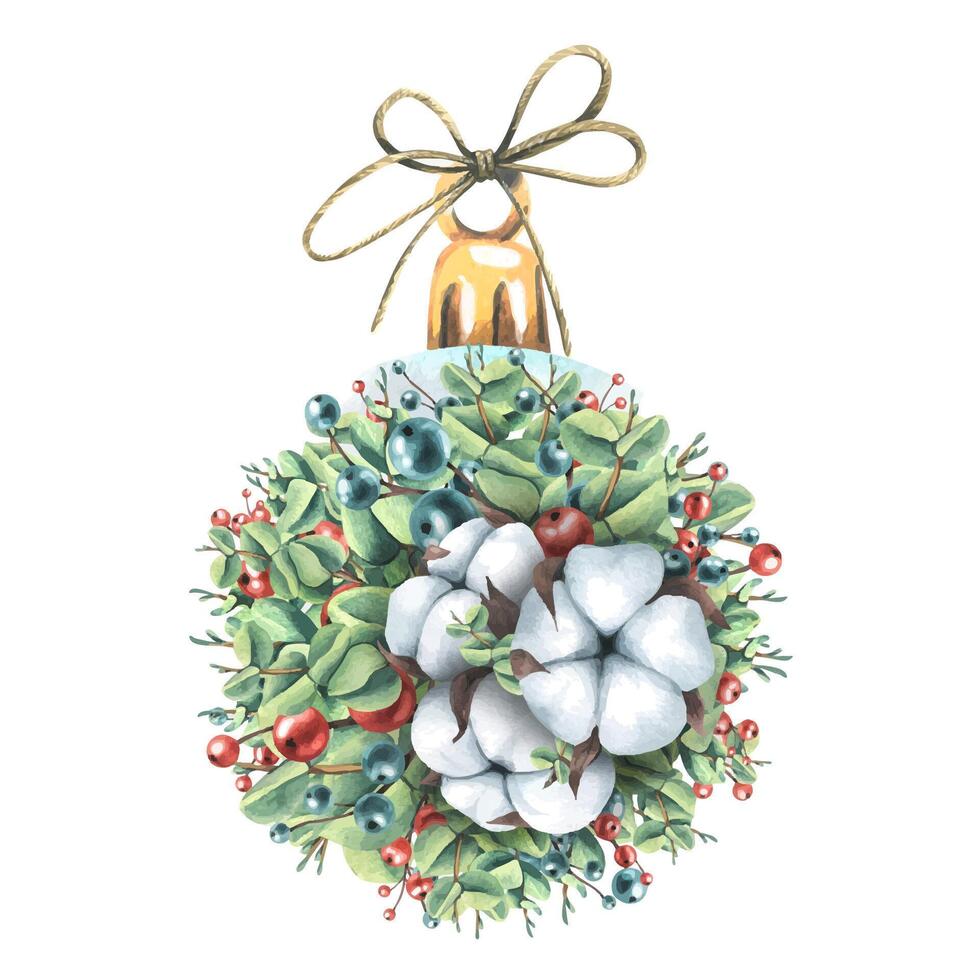 A New Year s ball made of cotton, berries and eucalyptus branches. Watercolor illustration. The composition of a large set of COZY WINTER. For the decoration and design of winter and Christmas cards vector