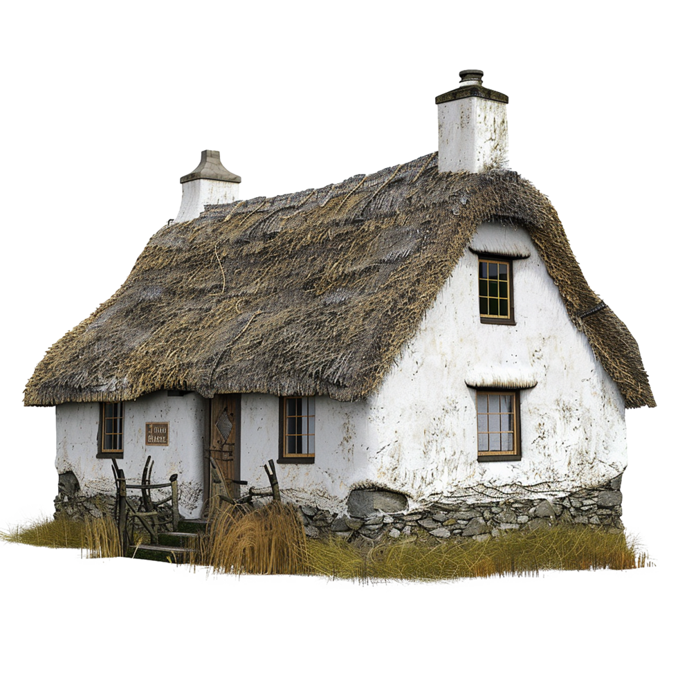 A ThatchedRoof Cottage in Rural Setting with Stone Foundation png
