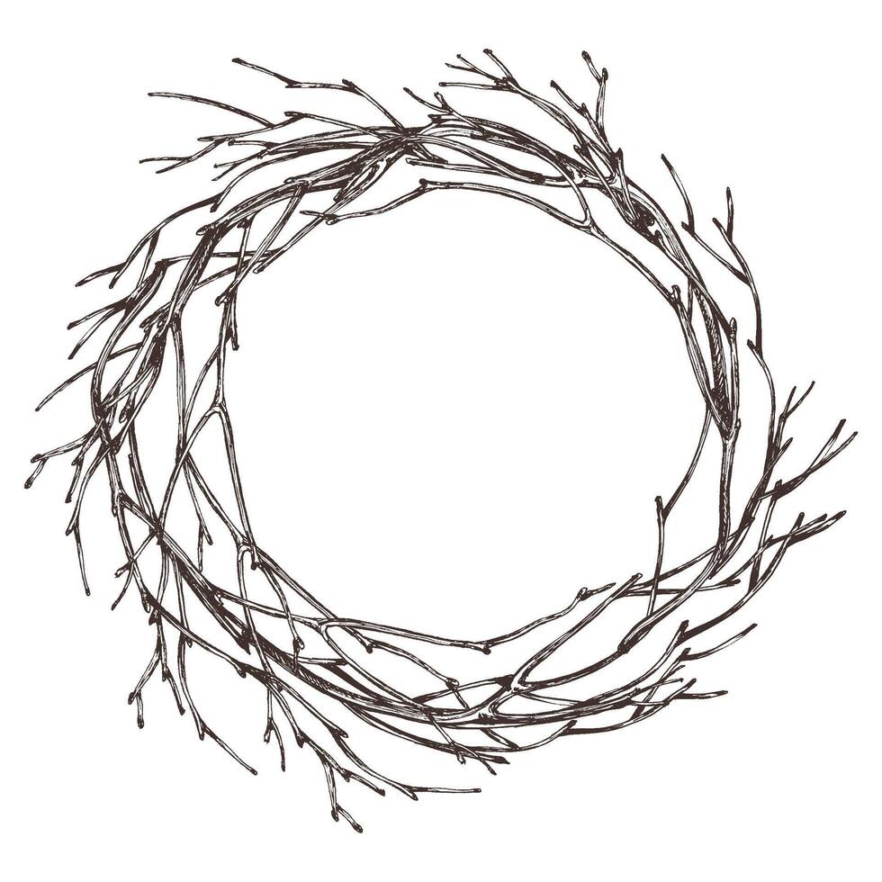 Wreath round woven from tree branches with thin twigs, no leaves. For decorating spring, summer, autumn, harvest. Graphic line art hand drawn with black ink. Round wreath, frame, template for text. vector