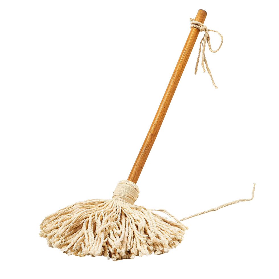 A Traditional String Mop with Wooden Handle Cleaning Floors png