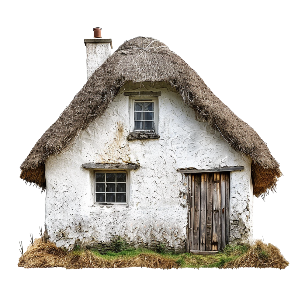 Charming Rustic ThatchedRoof Cottage with Whitewashed Walls and Wooden Door png