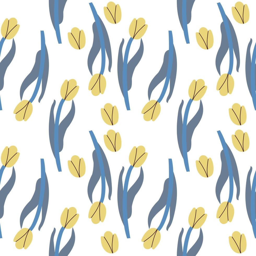 Flower seamless pattern with yellow tulips isolated on white background. Floral illustration for fabric and paper design vector