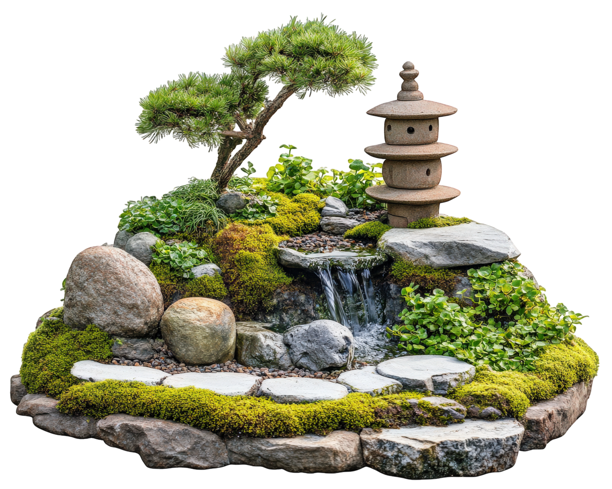 A small garden with a waterfall and a pagoda png