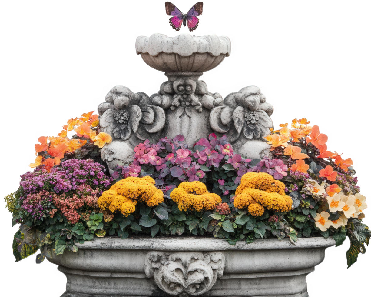 A fountain with flowers and butterflies on top png