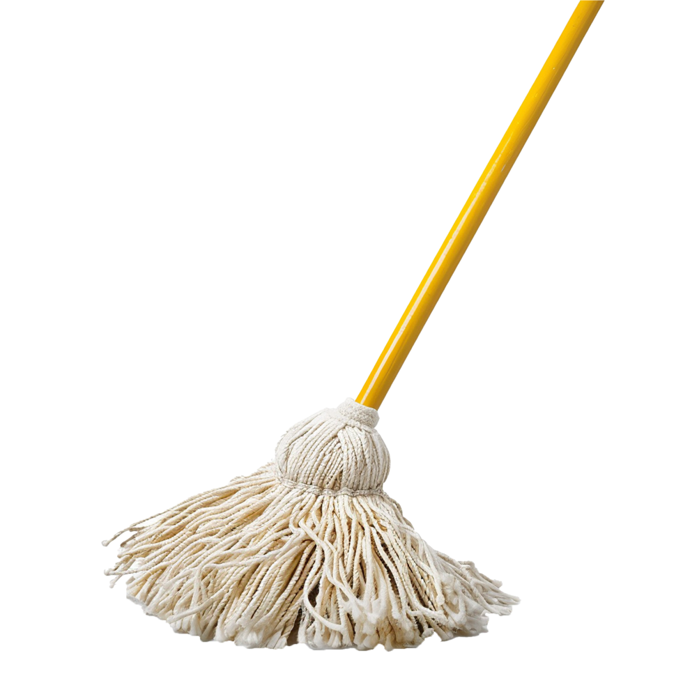 A yellowhandled mop with a full head of cotton strands ready for cleaning png