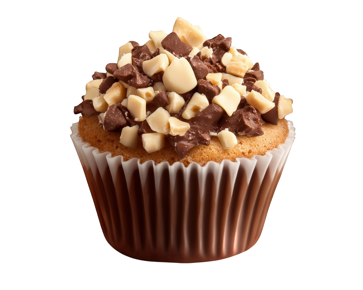 A cupcake with chocolate chips and nuts on top png