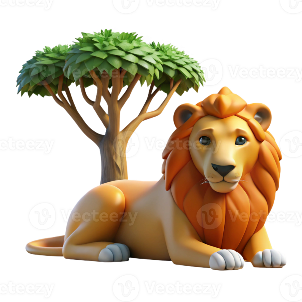 stunning creative A regal lion resting in the shade of an acacia tree, illuminated by the dappled sunlight, in a majestic, realistic style detailed png