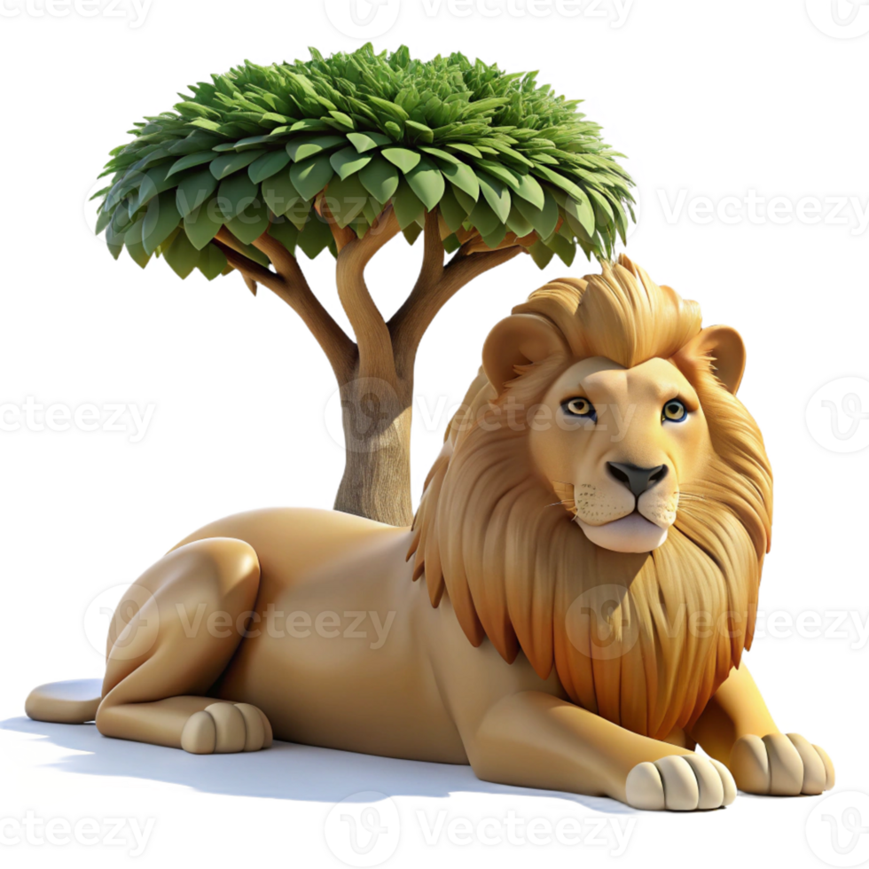 stunning artistic A regal lion resting in the shade of an acacia tree, illuminated by the dappled sunlight, in a majestic, realistic style detailed png