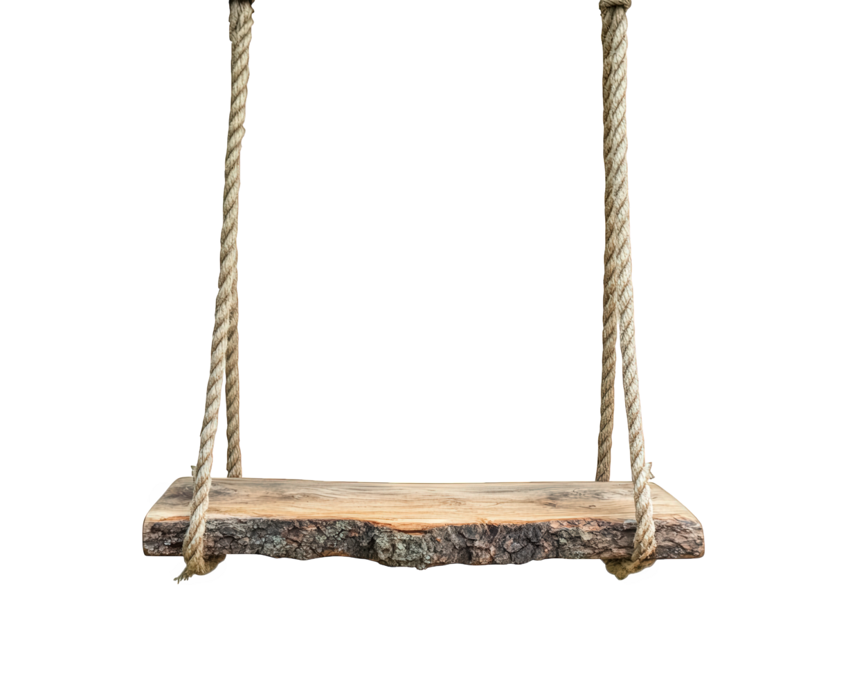 A wooden swing with rope attached to it png