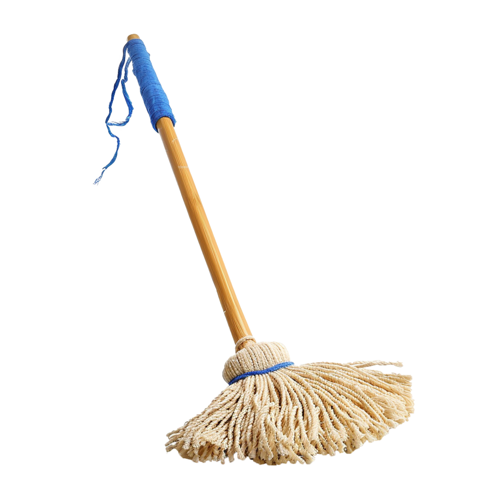 A Classic String Mop with a Wooden Handle and Blue Binding for Efficient Cleaning png