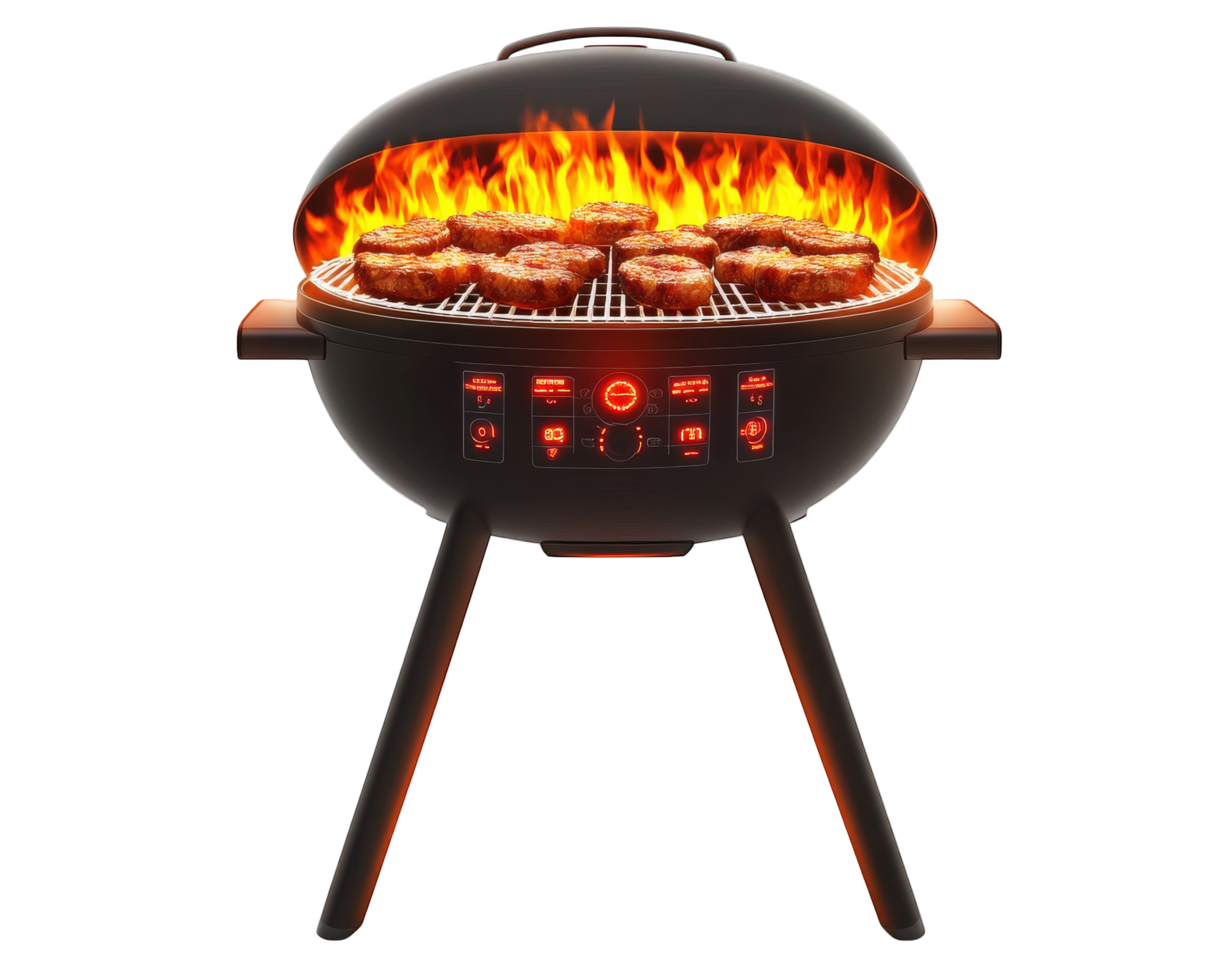 A grill with flames on it and a black background png
