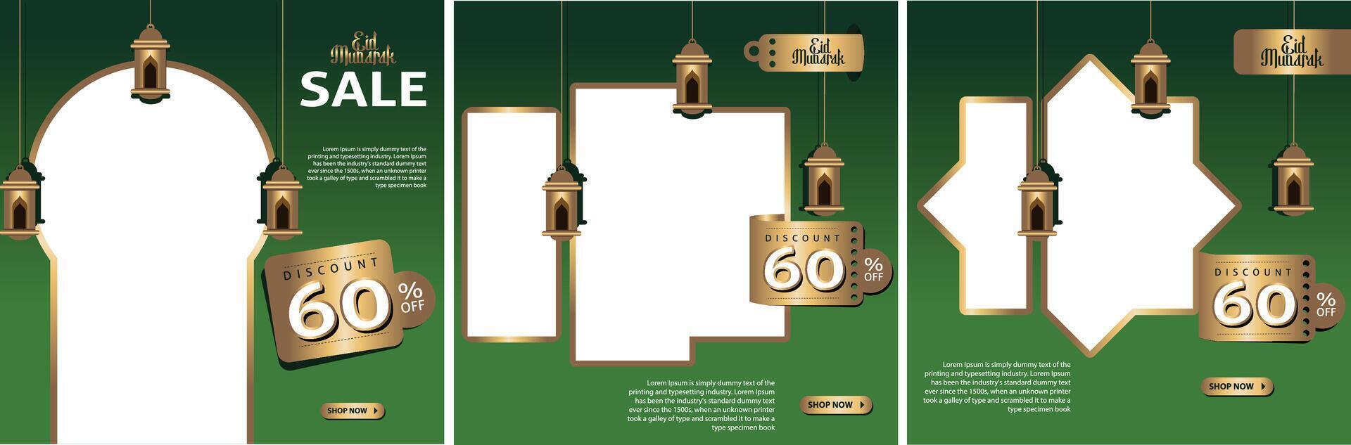 three banners with golden decorations for the islamic holiday vector