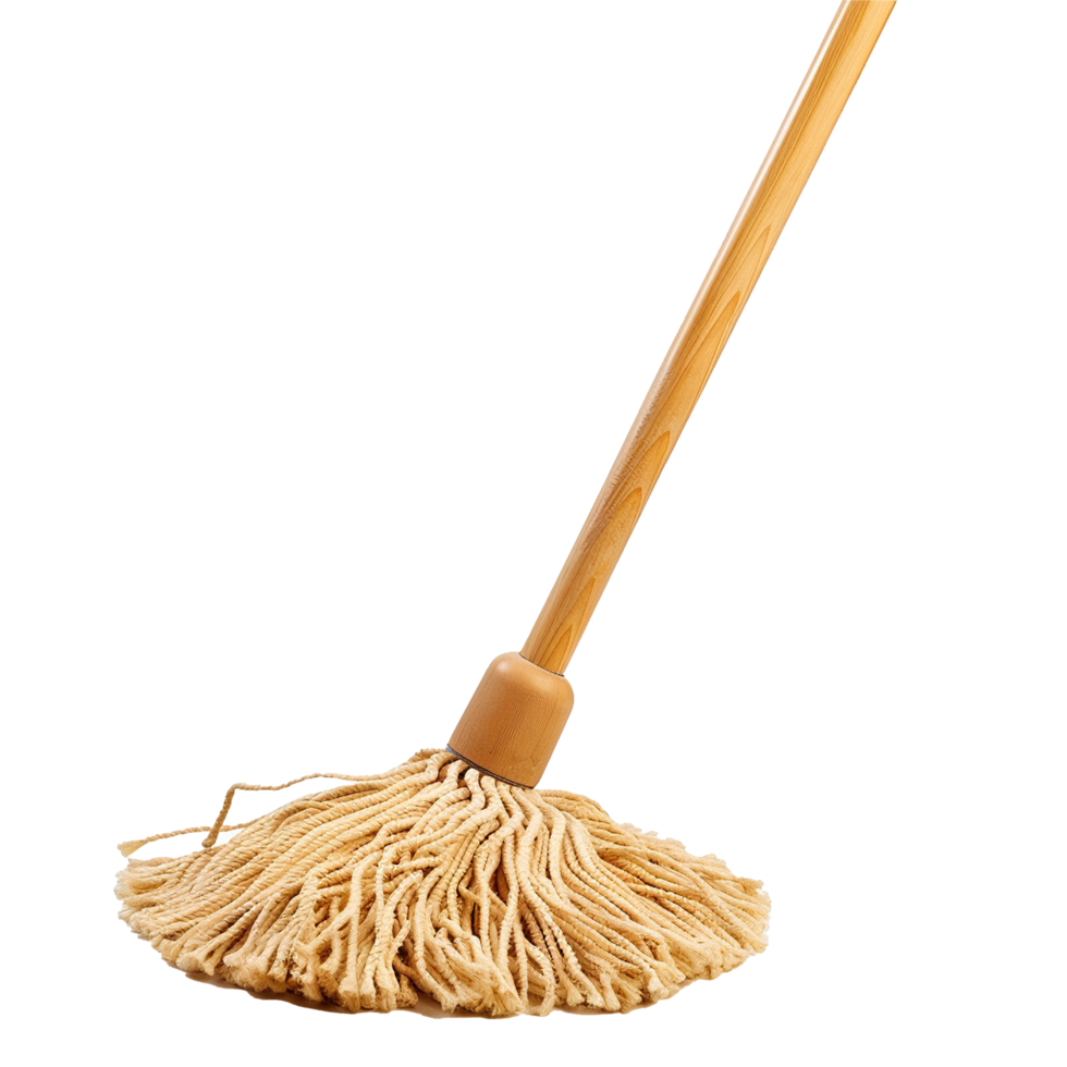 A CloseUp View of a Traditional String Mop with a Light Brown Wooden Handle png
