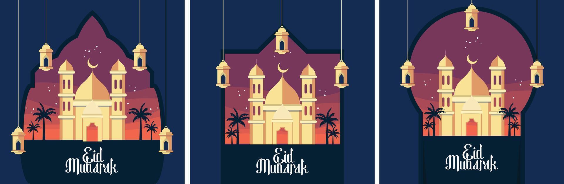 eid mubarak illustration set with mosque and lanterns vector