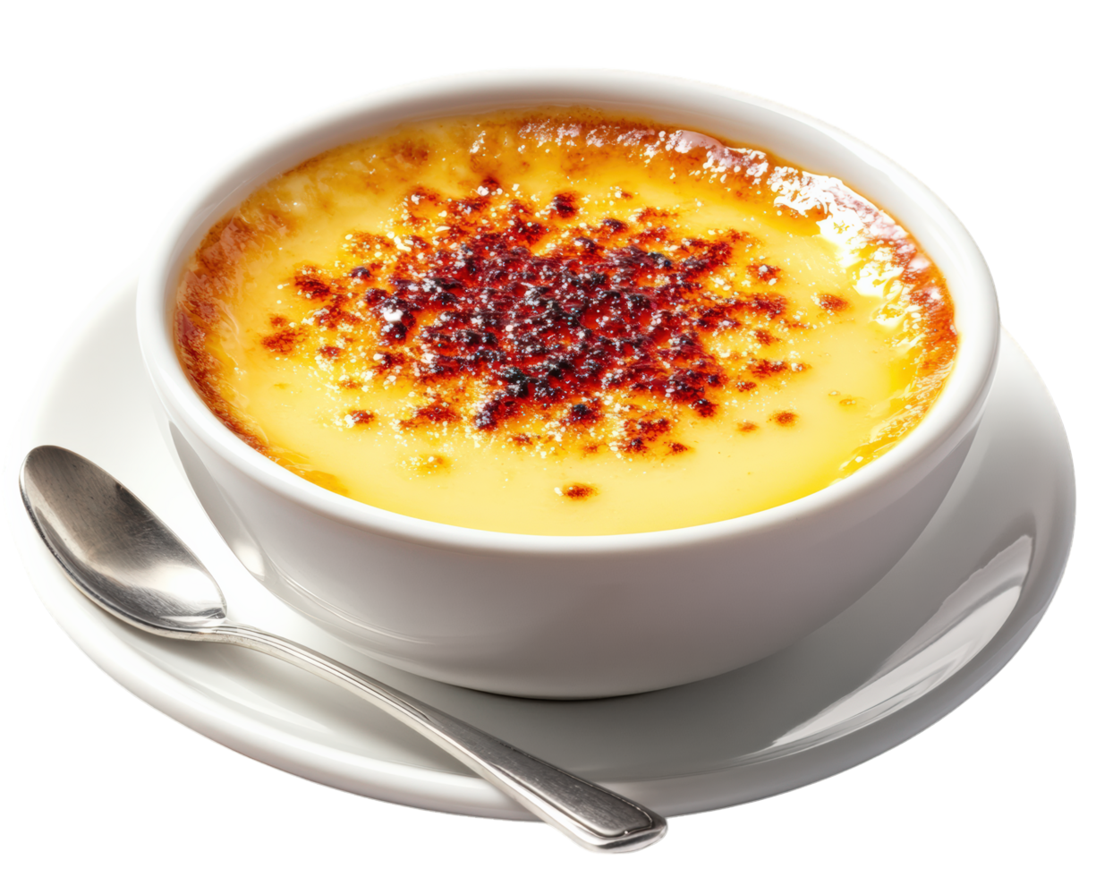 A cup of creme brulee in a white bowl png